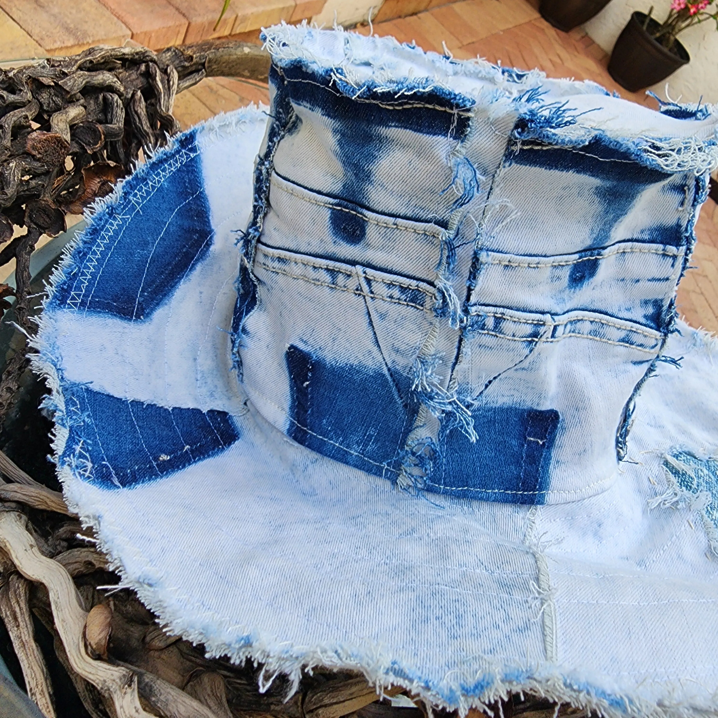 I DO / Designer Top Hat Shabby Chic Hat Upcycled Distressed Denim Bohemian style Hat Hand Stitched Top Hat Patchwork