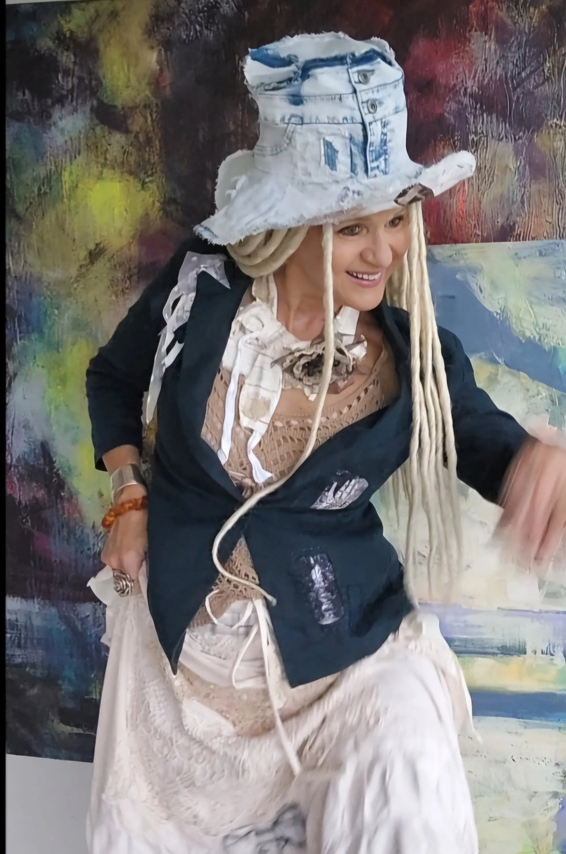 I DO / Designer Top Hat Shabby Chic Hat Upcycled Distressed Denim Bohemian style Hat Hand Stitched Top Hat Patchwork