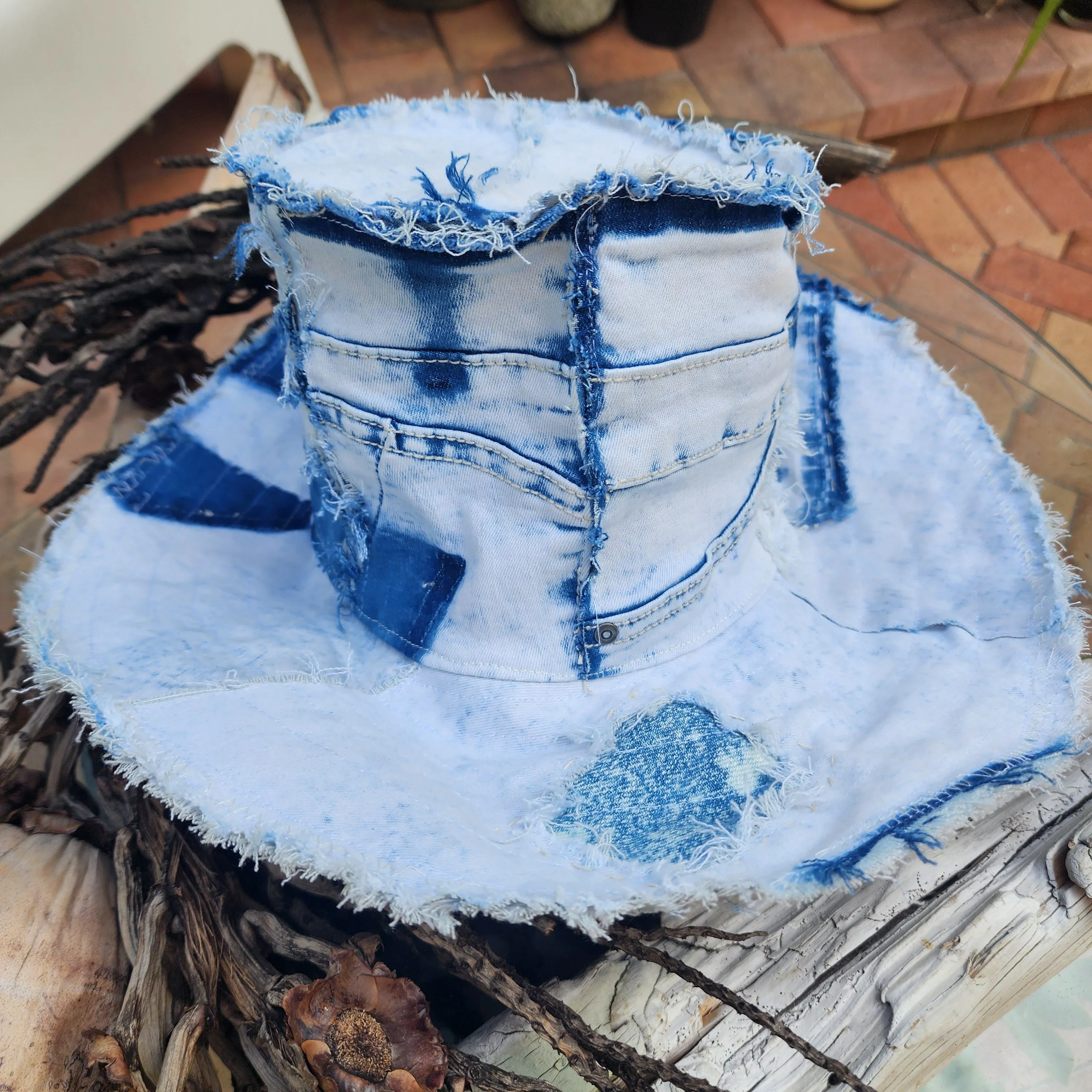 I DO / Designer Top Hat Shabby Chic Hat Upcycled Distressed Denim Bohemian style Hat Hand Stitched Top Hat Patchwork