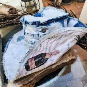 I DO / Designer Top Hat Shabby Chic Hat Upcycled Distressed Denim Bohemian style Hat Hand Stitched Top Hat Patchwork