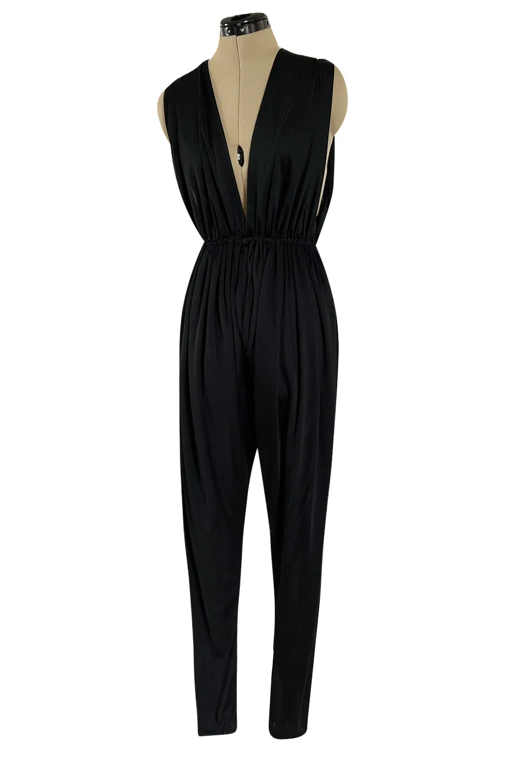 Iconic 1970s Halston Jersey Side & Front Plunging Black Jersey Jumpsuit