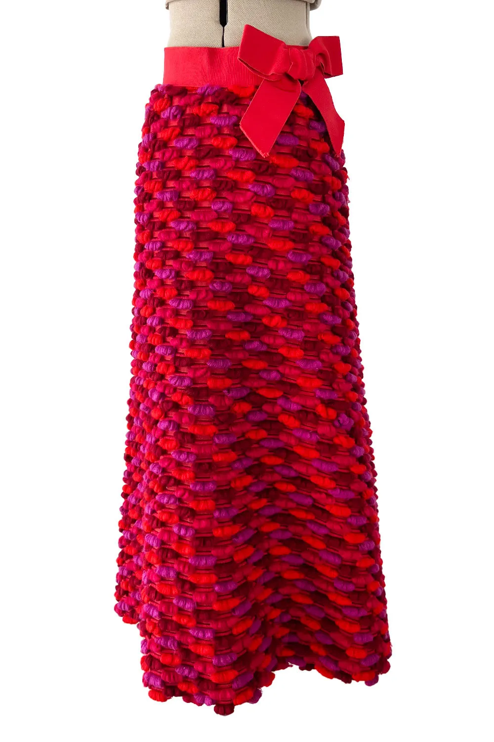 Incredible 1960s Arnold Scaasi Couture Pink Coral 3D Yarn Covered Silk Skirt w Ribbon Waist