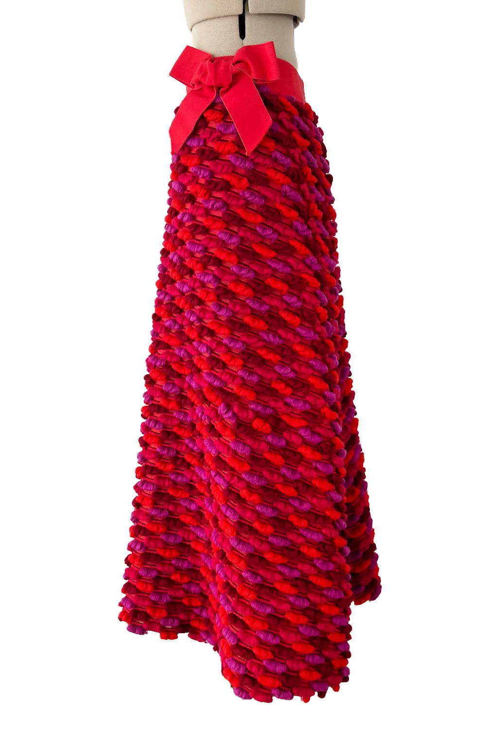 Incredible 1960s Arnold Scaasi Couture Pink Coral 3D Yarn Covered Silk Skirt w Ribbon Waist