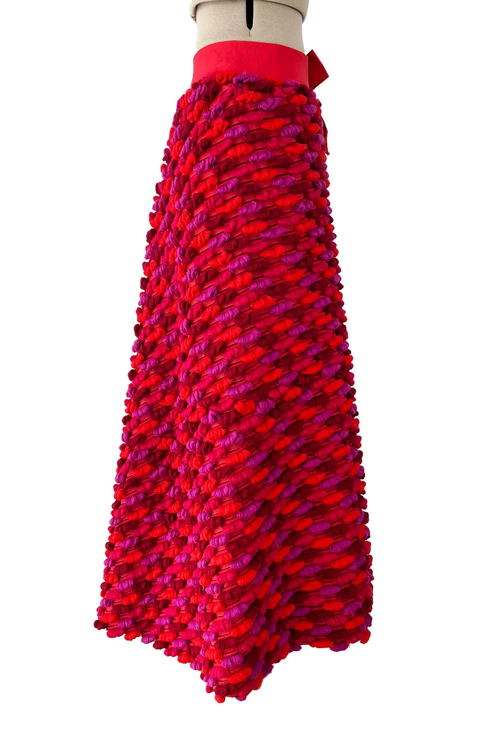 Incredible 1960s Arnold Scaasi Couture Pink Coral 3D Yarn Covered Silk Skirt w Ribbon Waist