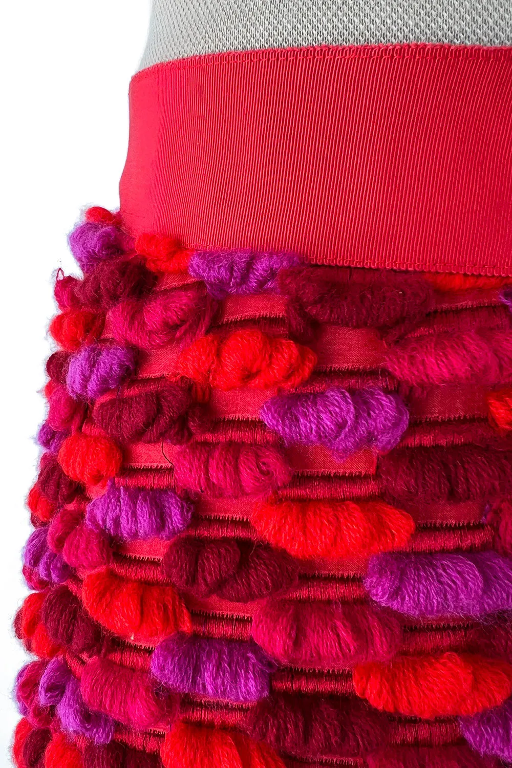 Incredible 1960s Arnold Scaasi Couture Pink Coral 3D Yarn Covered Silk Skirt w Ribbon Waist