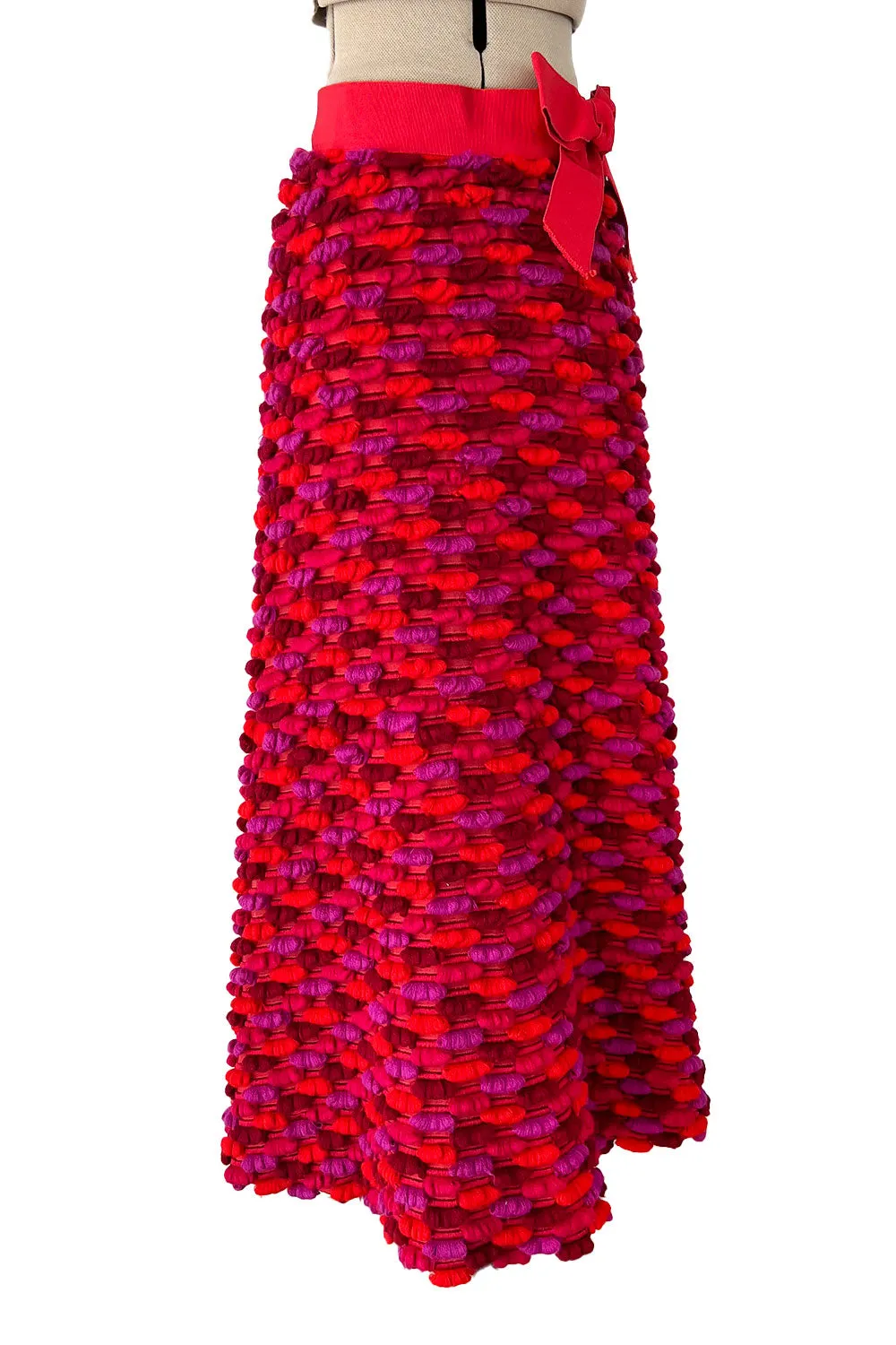 Incredible 1960s Arnold Scaasi Couture Pink Coral 3D Yarn Covered Silk Skirt w Ribbon Waist