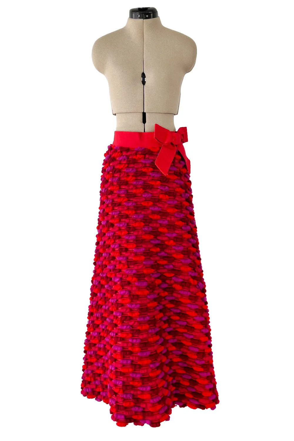 Incredible 1960s Arnold Scaasi Couture Pink Coral 3D Yarn Covered Silk Skirt w Ribbon Waist