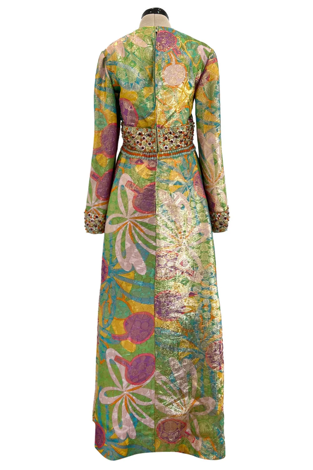 Incredible 1960s Malcolm Starr by Elinor Simmons Green & Gold Metallic Beaded Dress