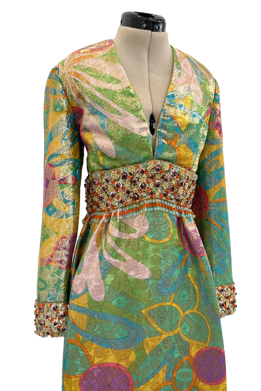 Incredible 1960s Malcolm Starr by Elinor Simmons Green & Gold Metallic Beaded Dress
