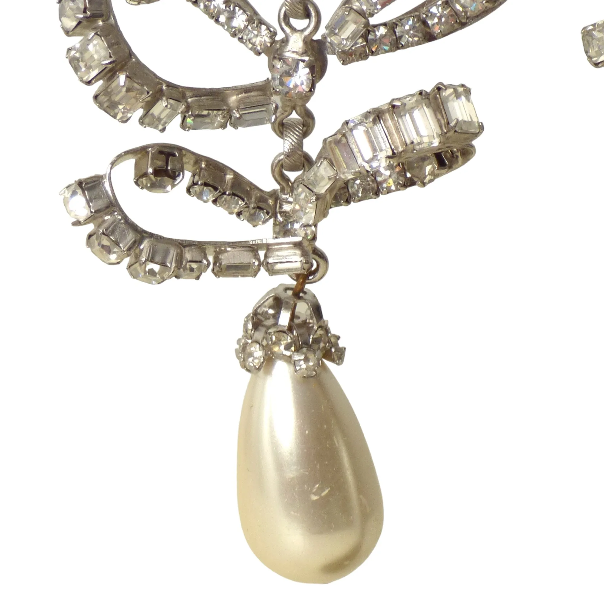 IRADJ MOINI- 1980s Rhinestone & Pearl Bow Drop Earrings