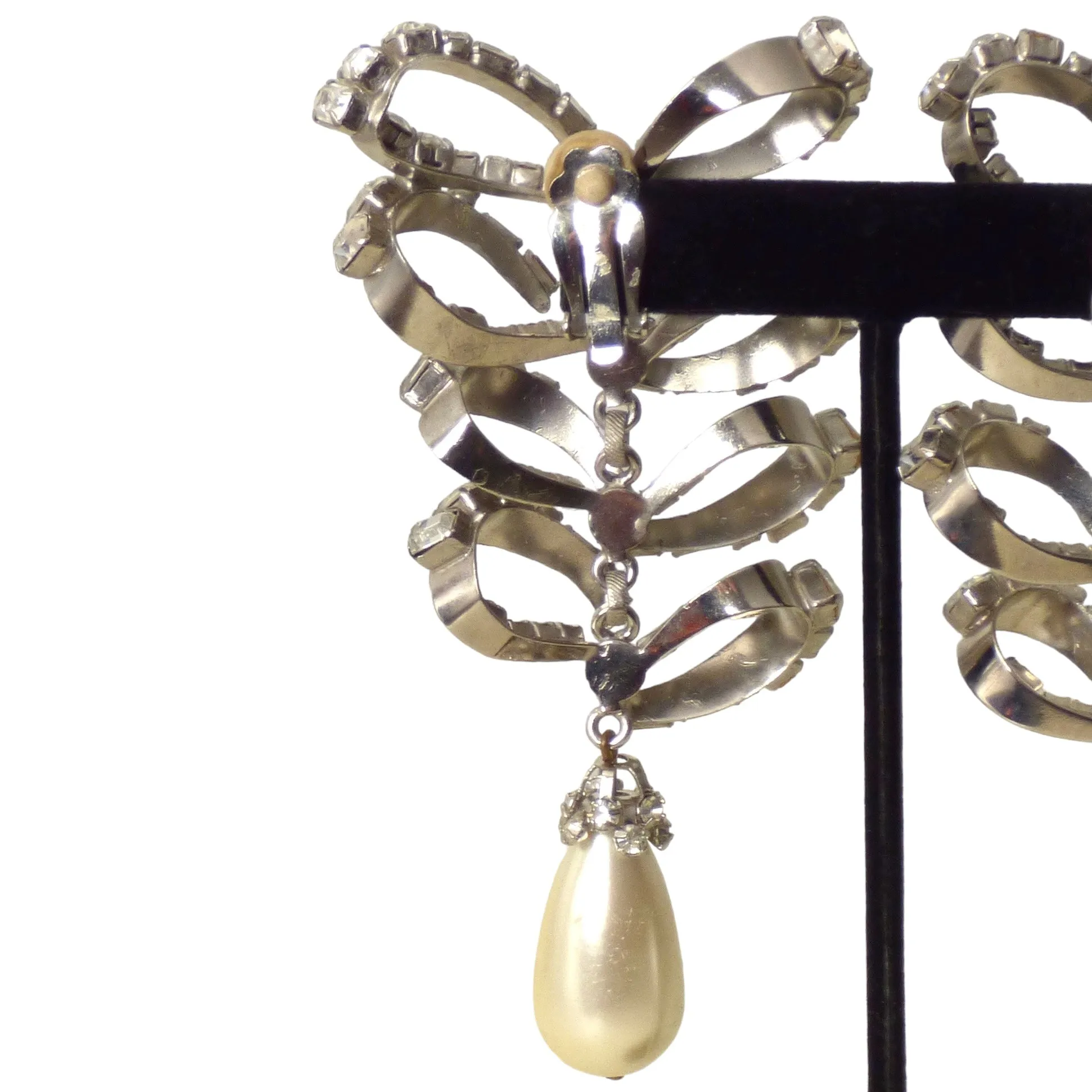 IRADJ MOINI- 1980s Rhinestone & Pearl Bow Drop Earrings