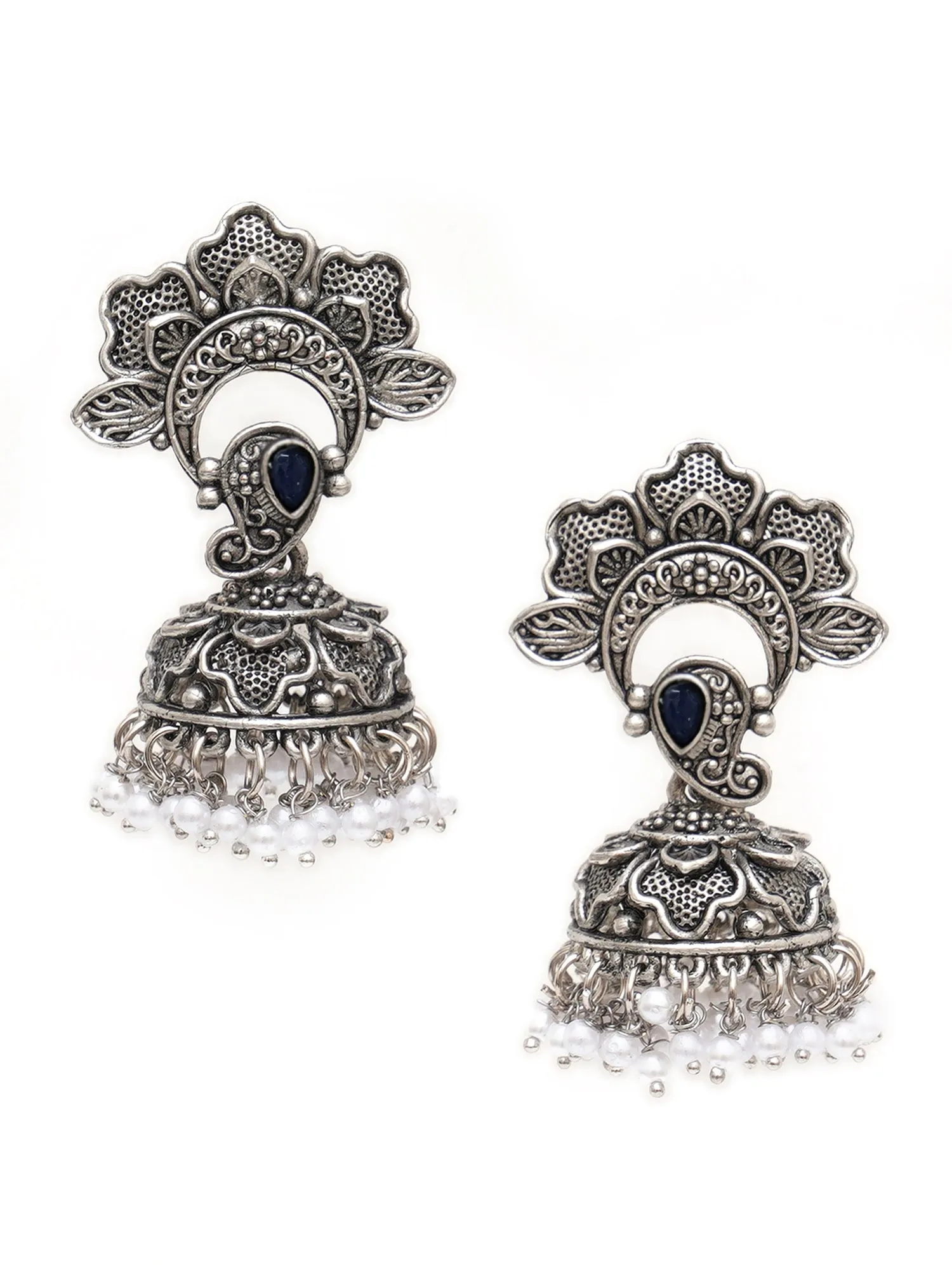 Karatcart Oxidised Silver Green Stone Floral Jhumki Studded with White Pearl for Women