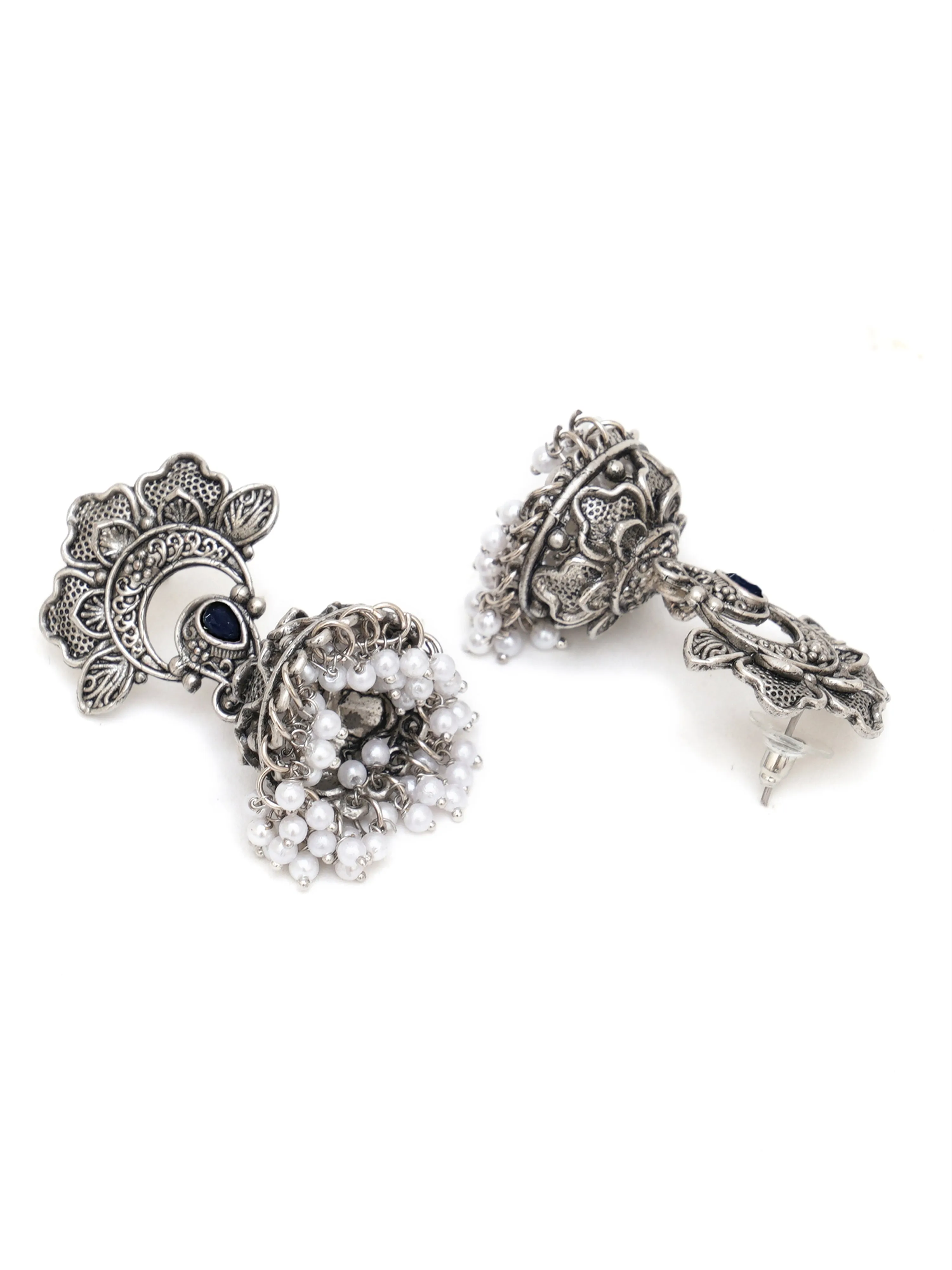 Karatcart Oxidised Silver Green Stone Floral Jhumki Studded with White Pearl for Women
