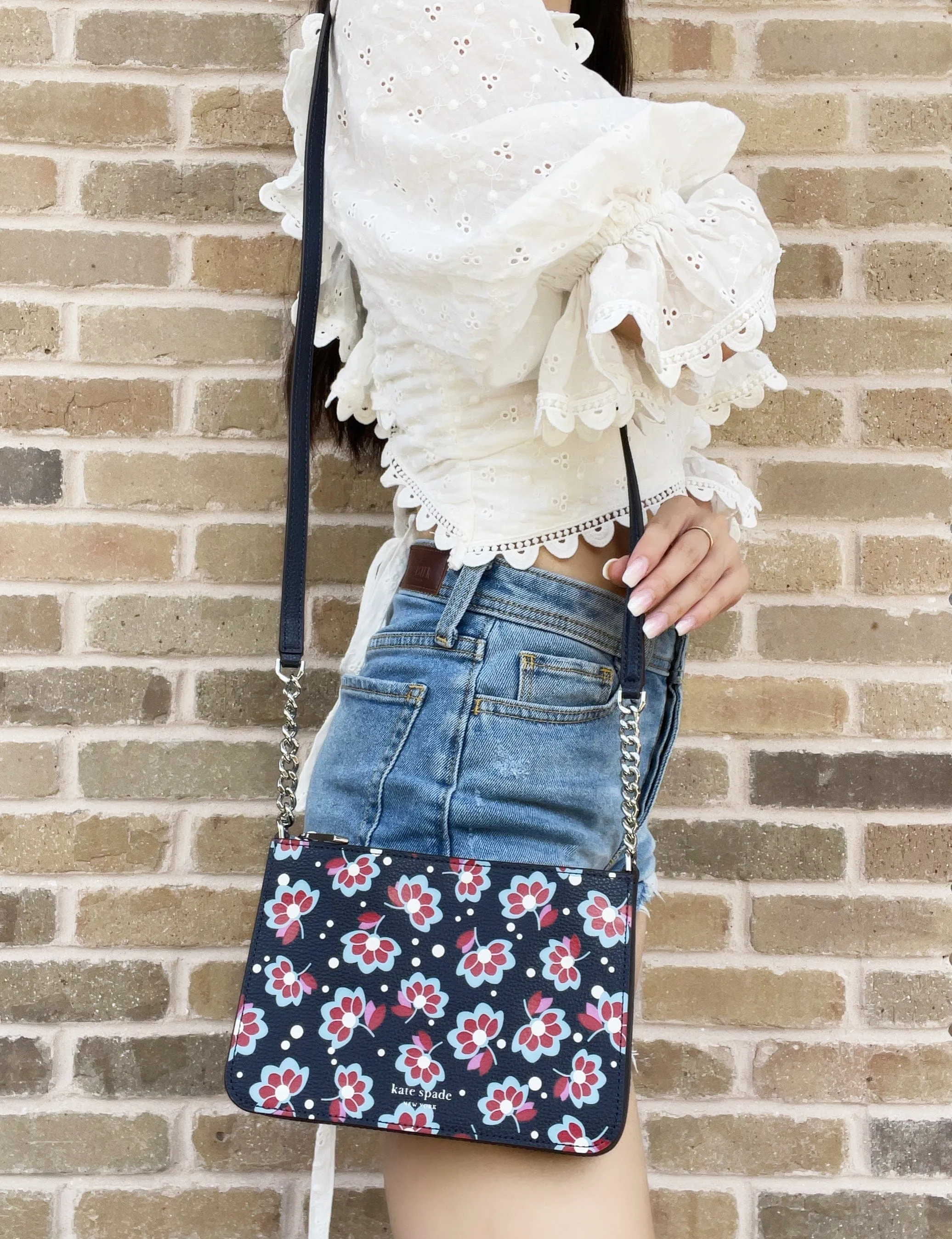 Kate Spade Leather Eva Seaside Blooms Chain Crossbody Bag Navy