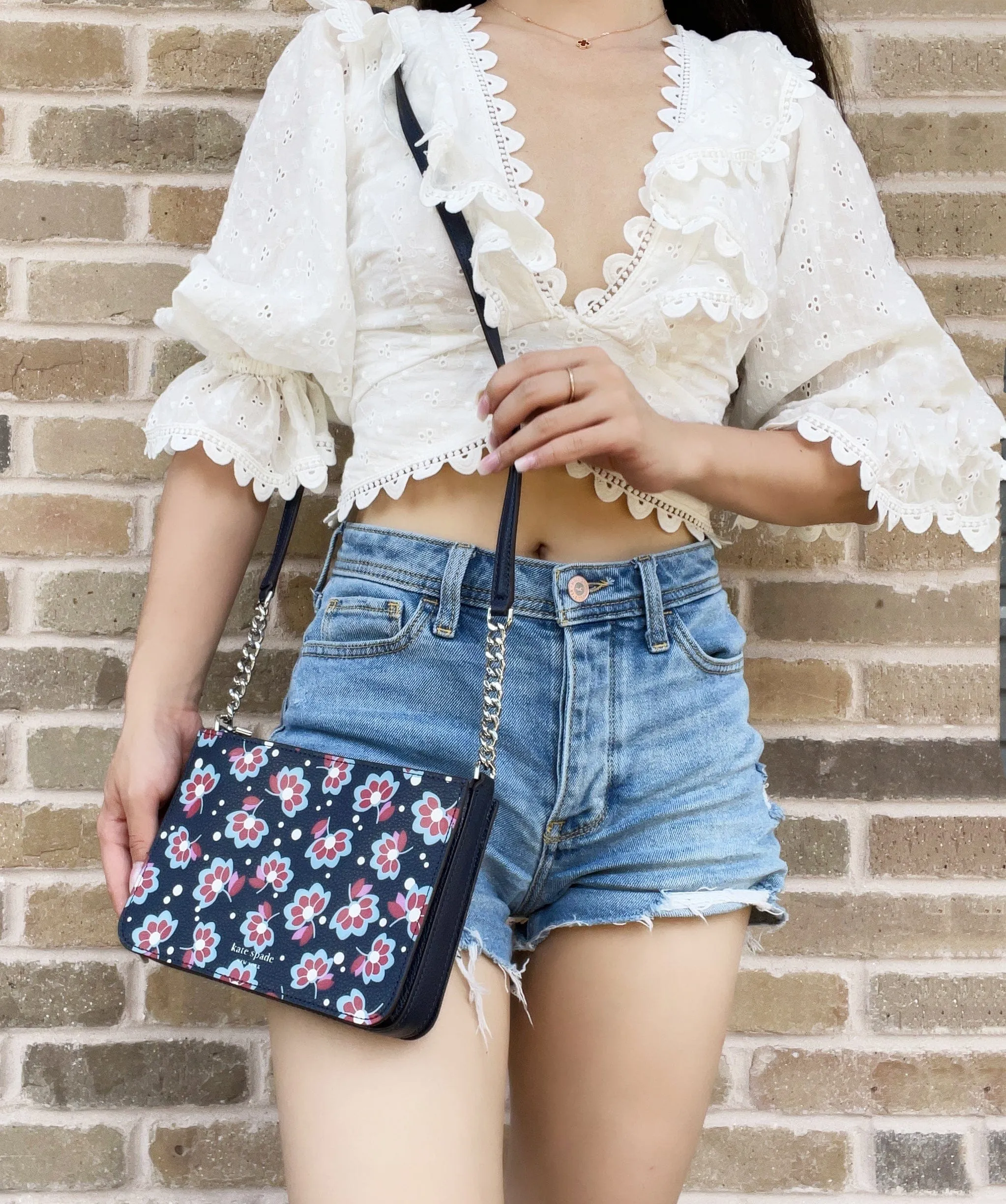 Kate Spade Leather Eva Seaside Blooms Chain Crossbody Bag Navy