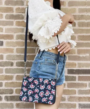 Kate Spade Leather Eva Seaside Blooms Chain Crossbody Bag Navy