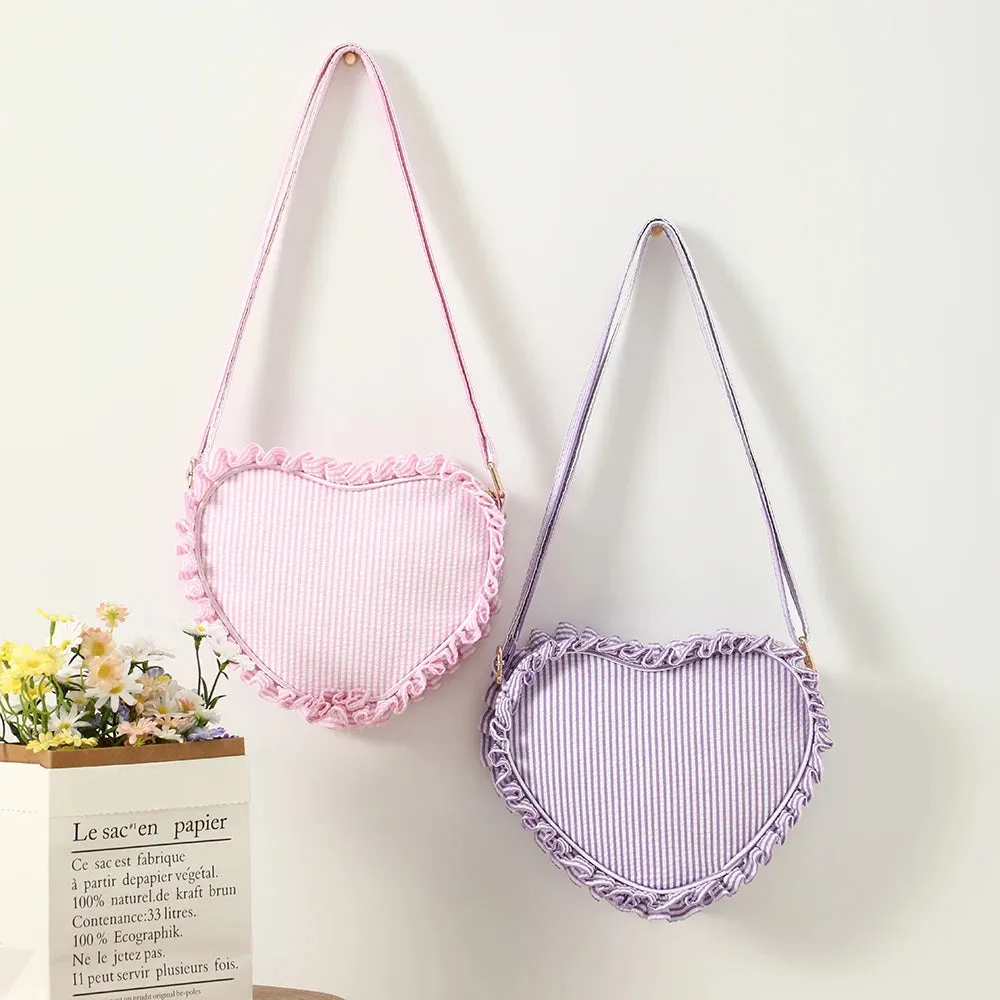 Kawaii Ruffle Heart Crossbody Bag 💖 | Cute Pink Striped Mini Purse for Girls 🌸✨ | Stylish Outdoor Travel Sling Bag 🎒