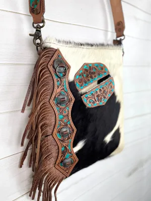La Paz Hide Leather Turquoise Tooled Pocket Side Fringe Bag