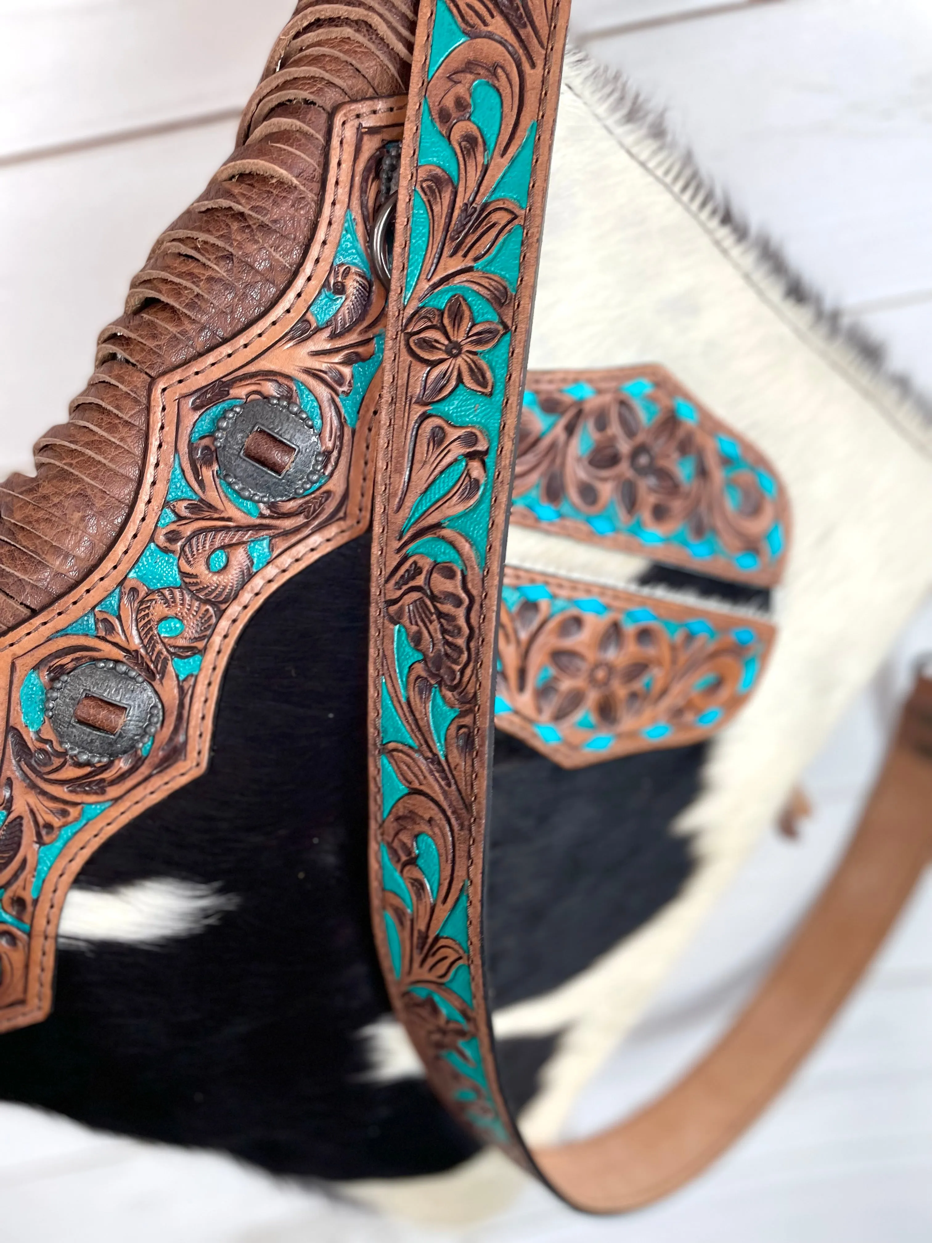 La Paz Hide Leather Turquoise Tooled Pocket Side Fringe Bag