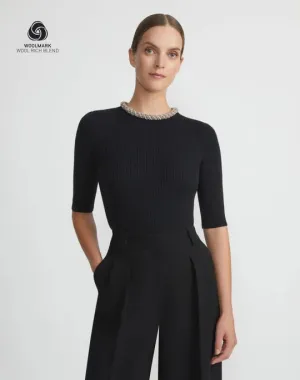 LAFAYETTE 148 Merino Wool-Silk Metallic Baroque Collar Sweater