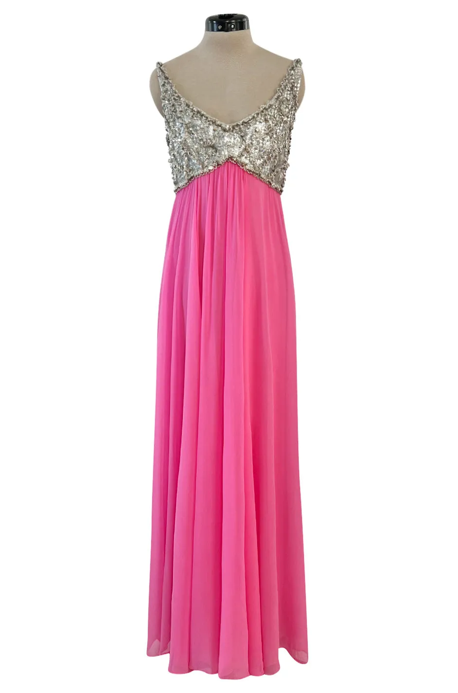 Late 1960s Fred Perlberg by Roger Millet Pink Silk Chiffon Dress w Silver Beaded Bodice