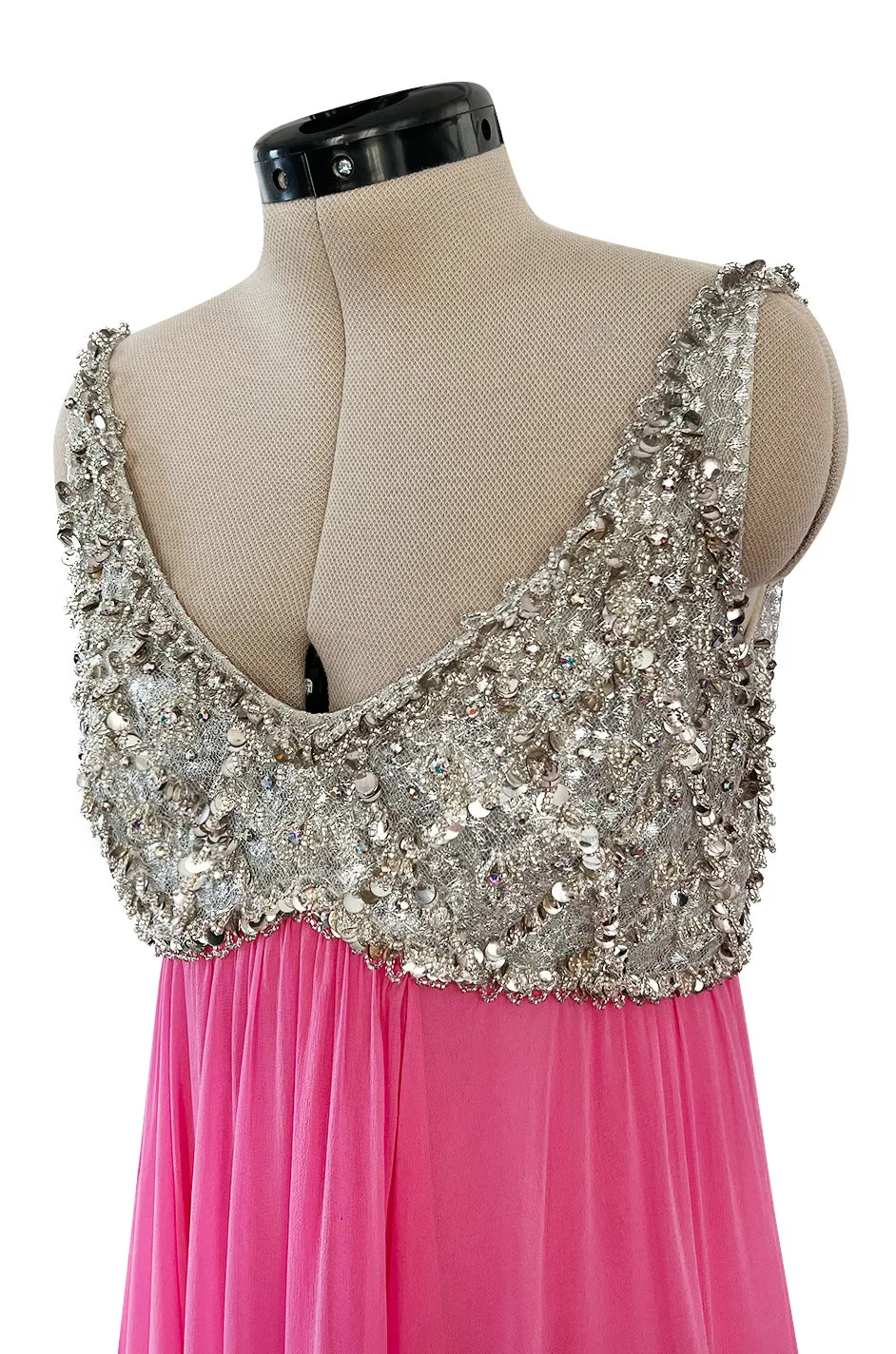 Late 1960s Fred Perlberg by Roger Millet Pink Silk Chiffon Dress w Silver Beaded Bodice