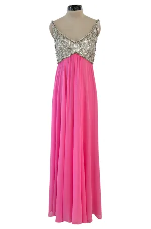 Late 1960s Fred Perlberg by Roger Millet Pink Silk Chiffon Dress w Silver Beaded Bodice