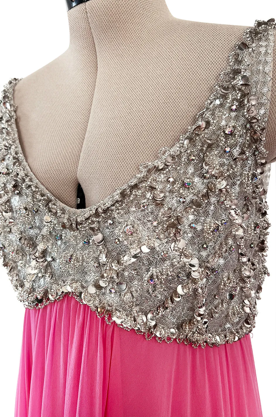 Late 1960s Fred Perlberg by Roger Millet Pink Silk Chiffon Dress w Silver Beaded Bodice