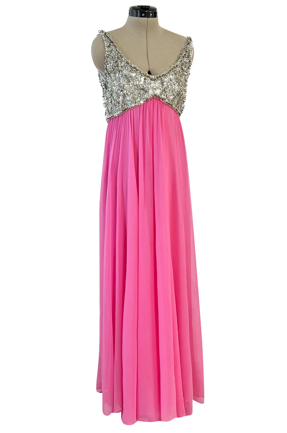 Late 1960s Fred Perlberg by Roger Millet Pink Silk Chiffon Dress w Silver Beaded Bodice