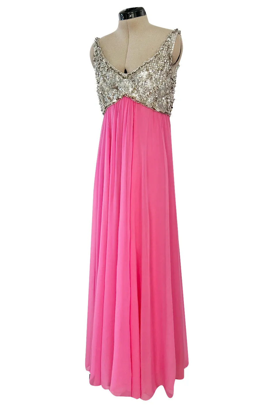 Late 1960s Fred Perlberg by Roger Millet Pink Silk Chiffon Dress w Silver Beaded Bodice