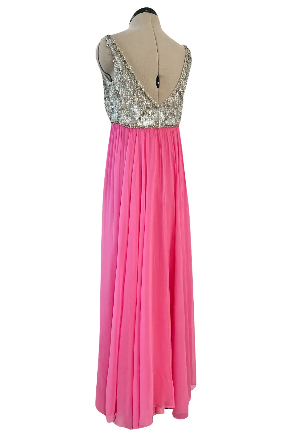 Late 1960s Fred Perlberg by Roger Millet Pink Silk Chiffon Dress w Silver Beaded Bodice