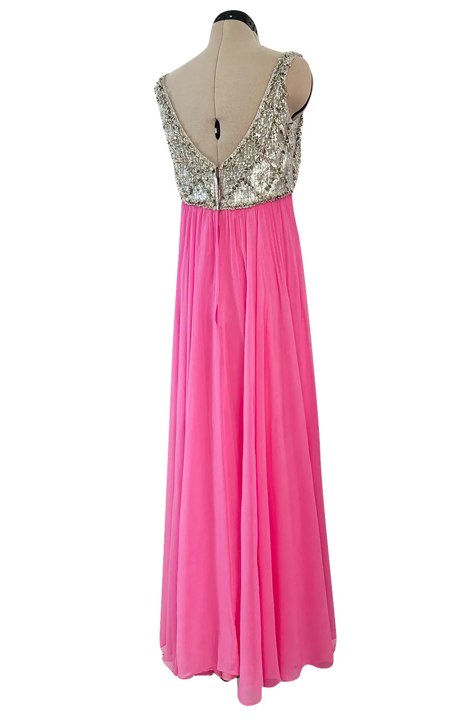 Late 1960s Fred Perlberg by Roger Millet Pink Silk Chiffon Dress w Silver Beaded Bodice
