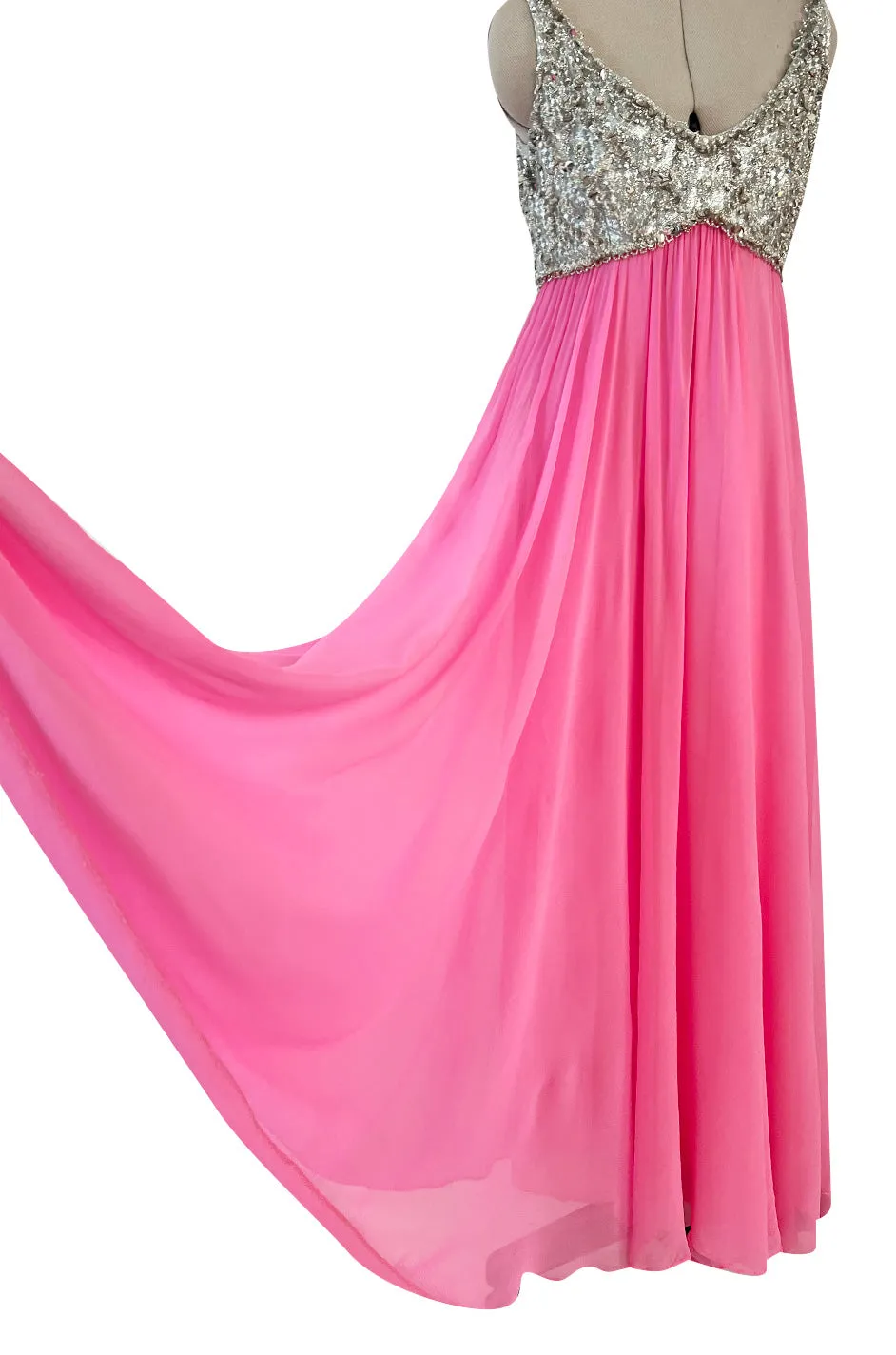 Late 1960s Fred Perlberg by Roger Millet Pink Silk Chiffon Dress w Silver Beaded Bodice