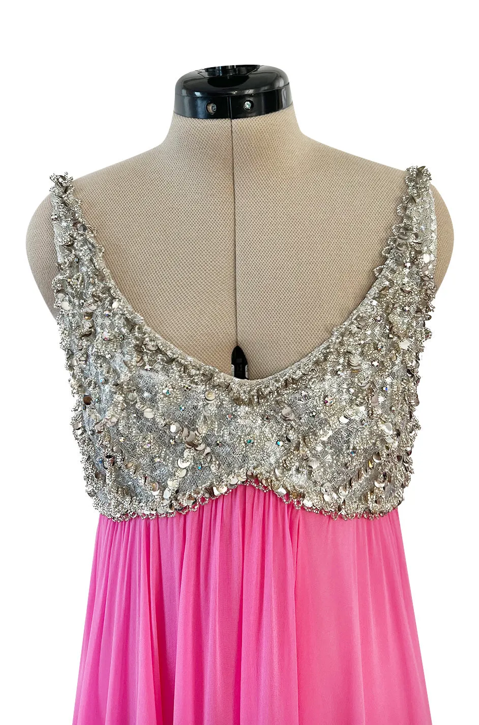 Late 1960s Fred Perlberg by Roger Millet Pink Silk Chiffon Dress w Silver Beaded Bodice