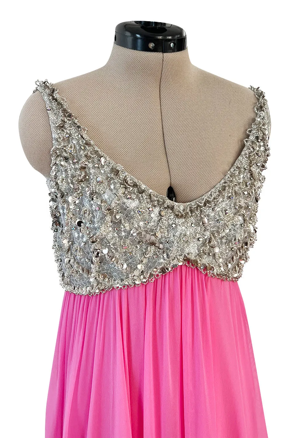 Late 1960s Fred Perlberg by Roger Millet Pink Silk Chiffon Dress w Silver Beaded Bodice
