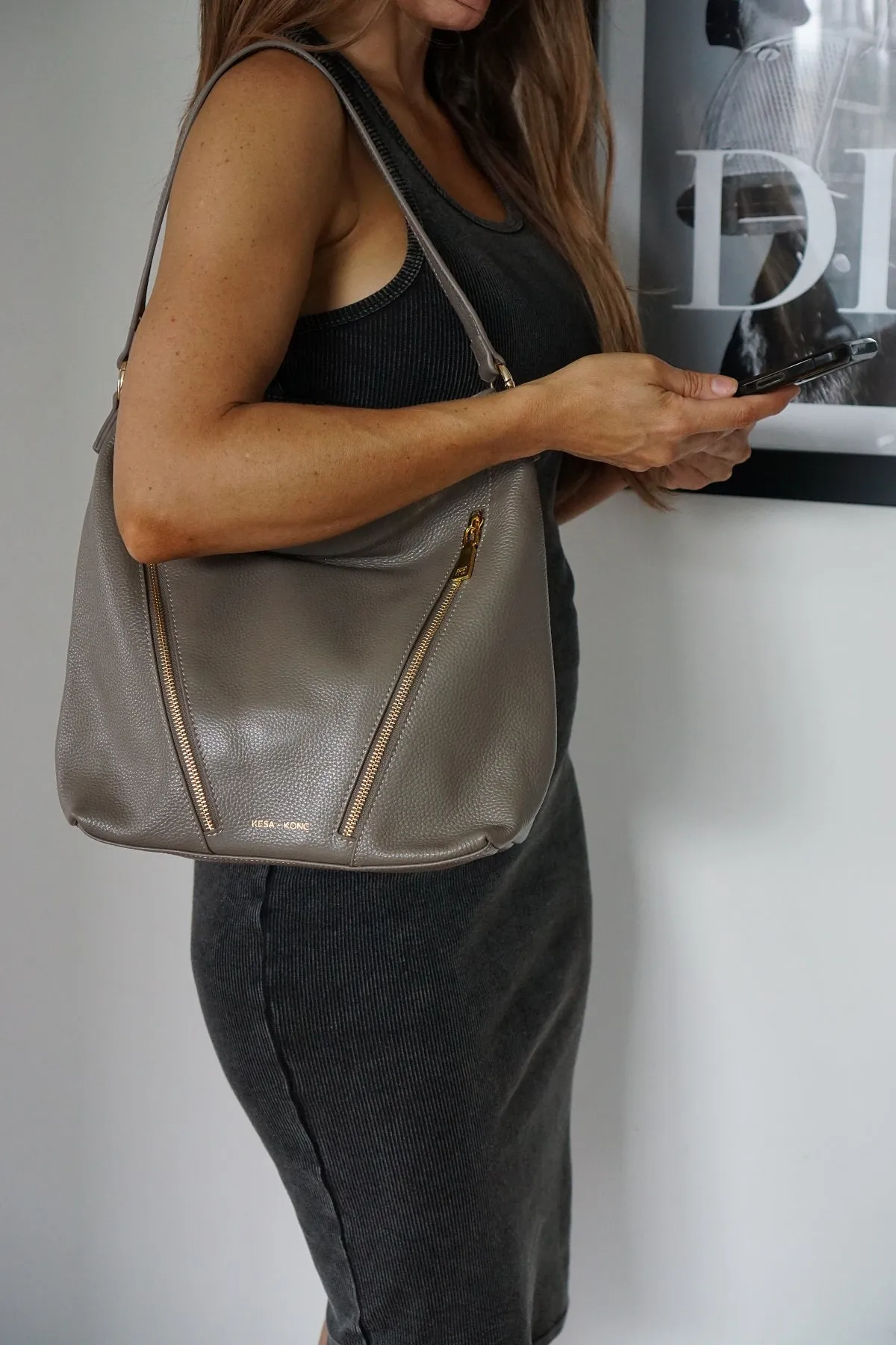 Leather Double Zipper Handbag - Aspa Taupe
