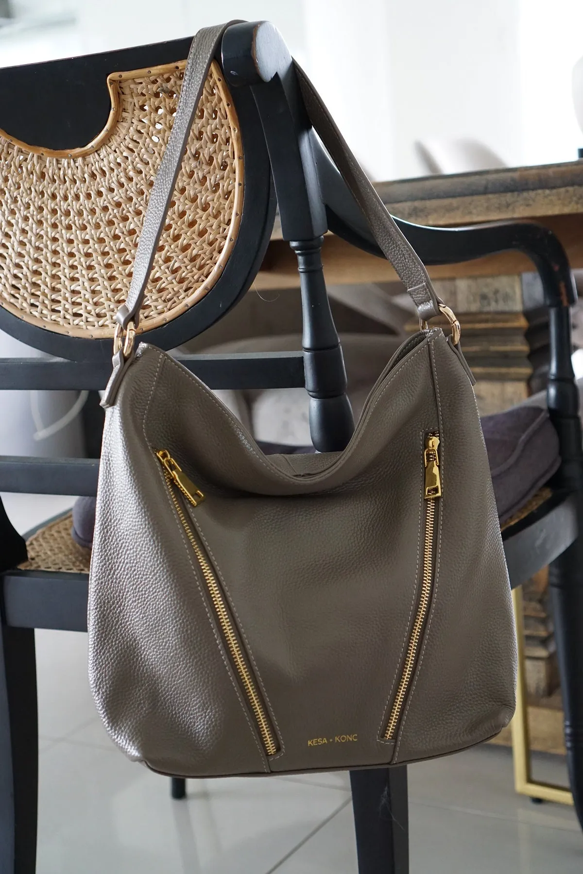 Leather Double Zipper Handbag - Aspa Taupe