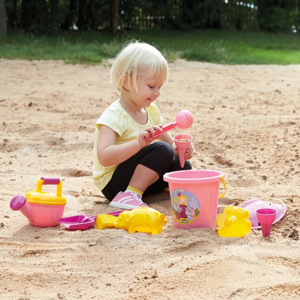 LENA Sandpit Toys Set of 10 including Bucket, Sieve, Rake, Moulds Etc Pink