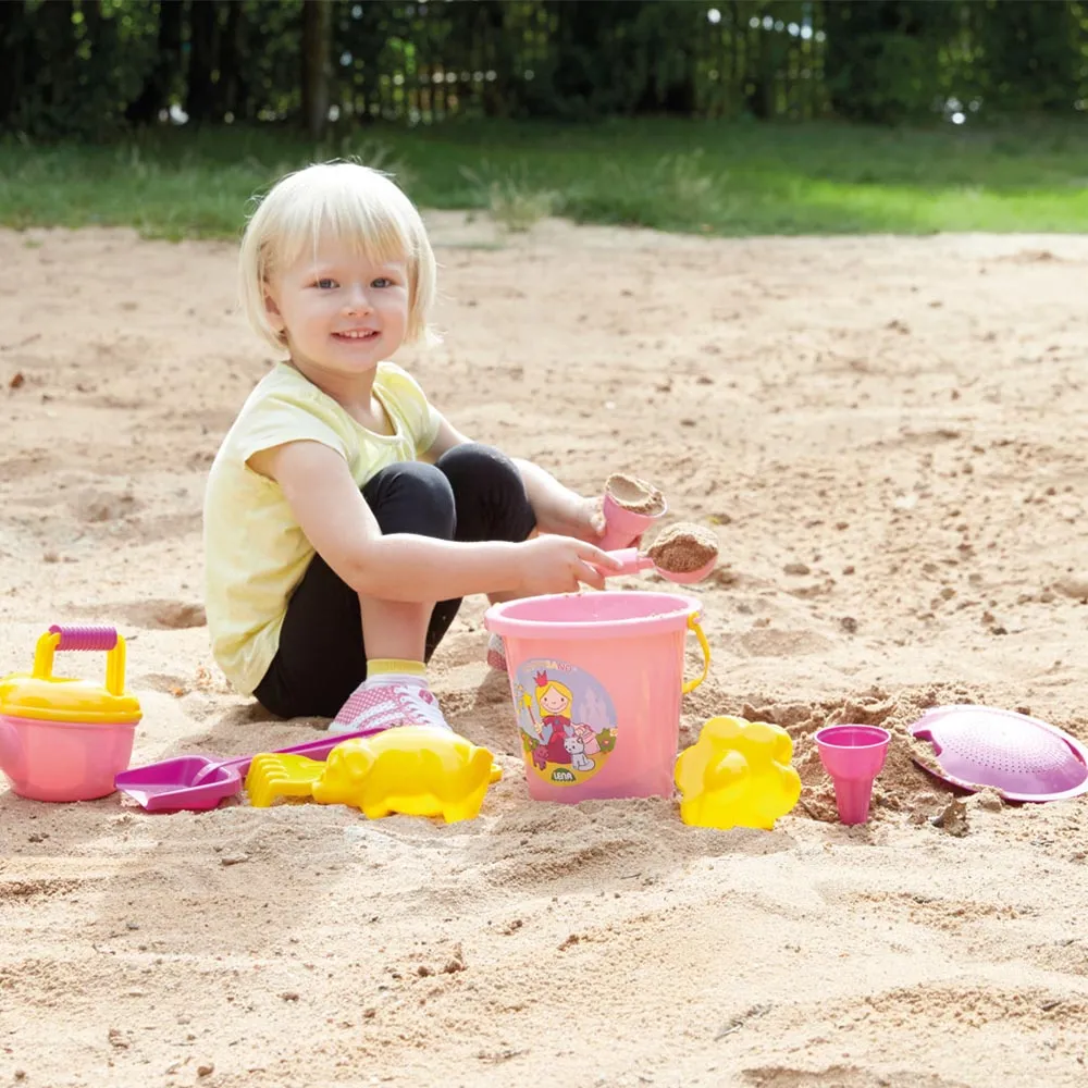 LENA Sandpit Toys Set of 10 including Bucket, Sieve, Rake, Moulds Etc Pink