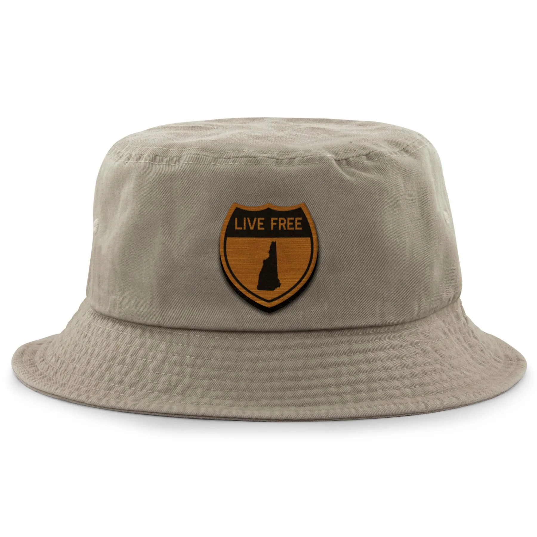 Live Free New Hampshire Road Sign Wood Grain Patch Bucket Hat