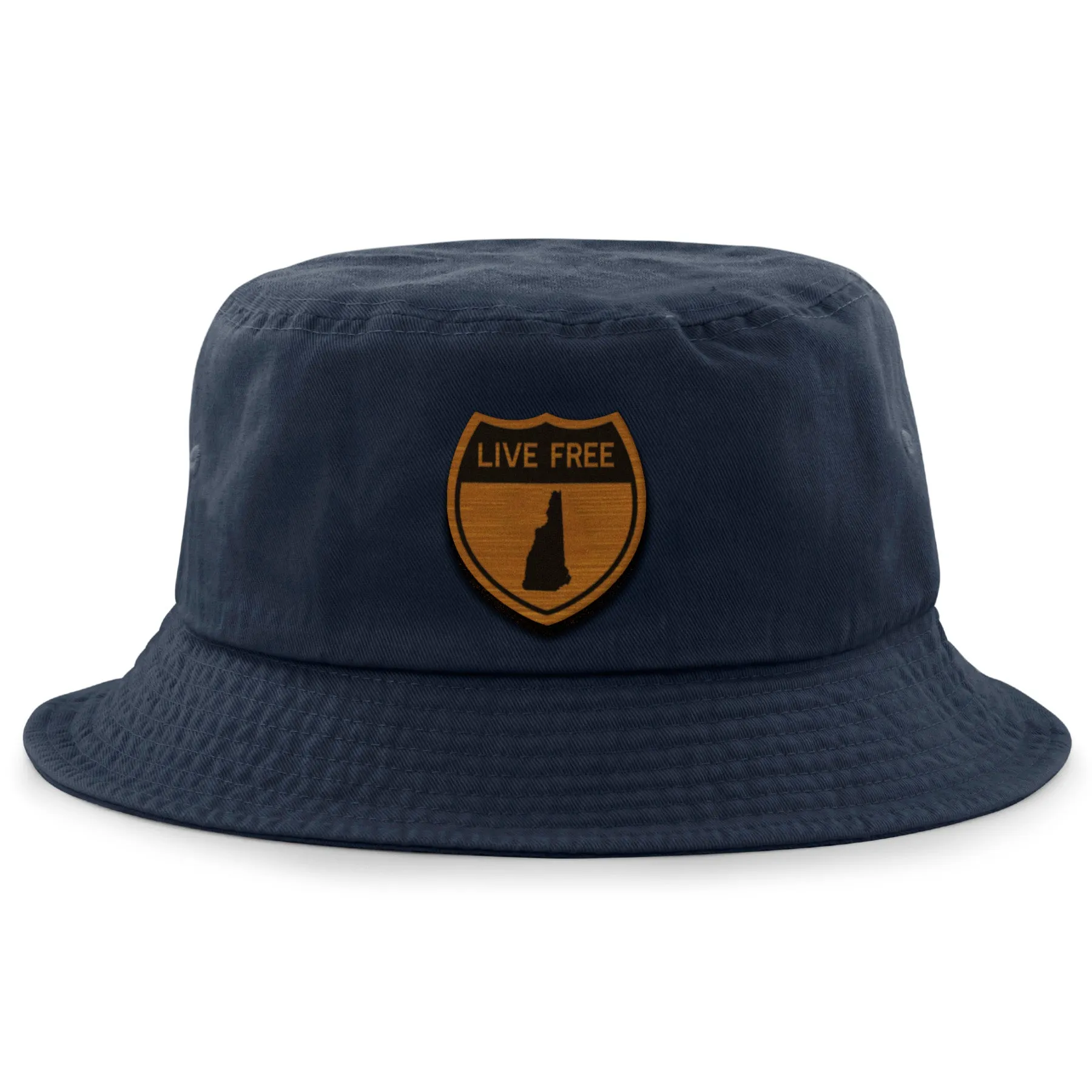 Live Free New Hampshire Road Sign Wood Grain Patch Bucket Hat