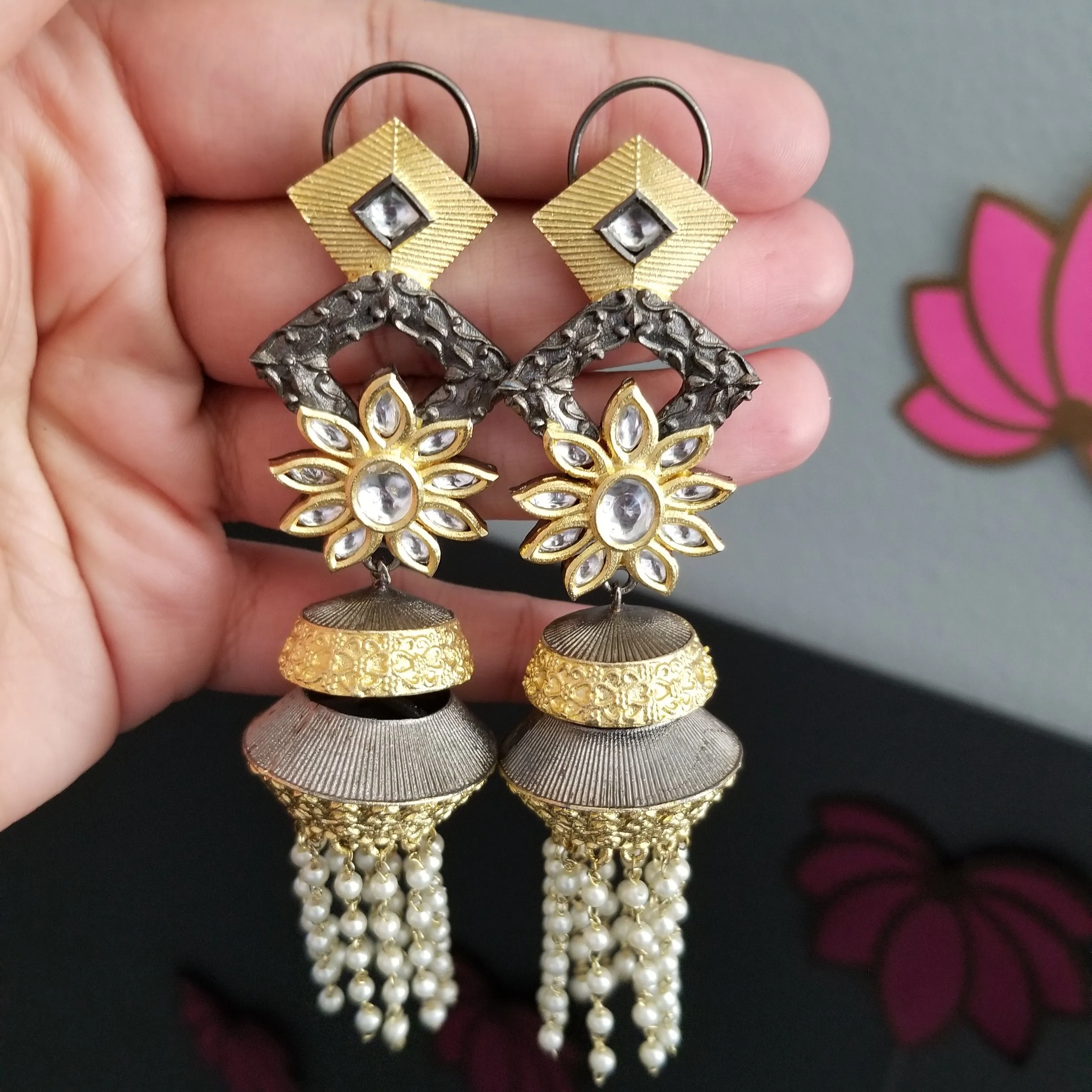 Long Silver Foiled Pearl Tassel Kundan Jhumkas With Dual Plating