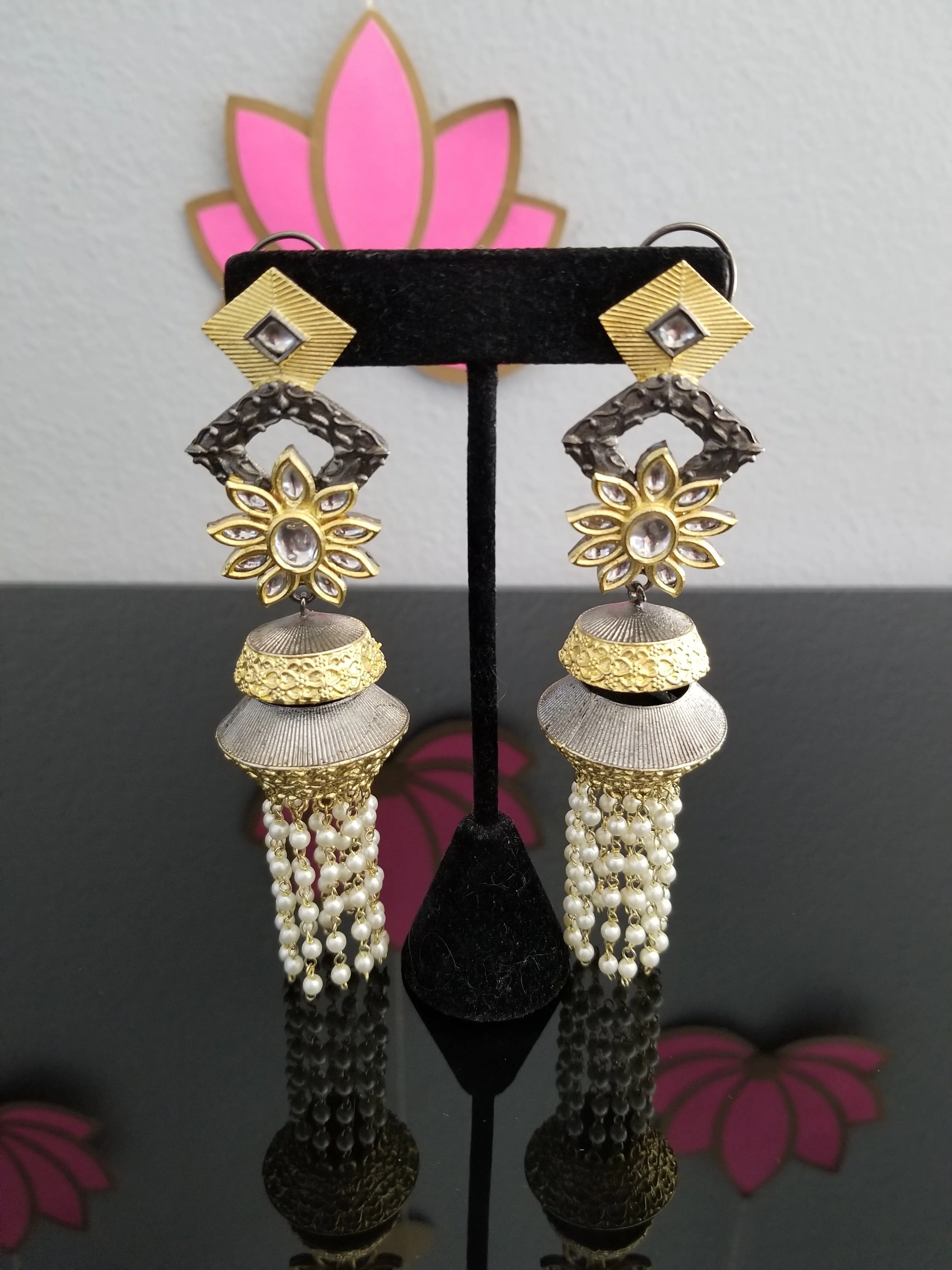 Long Silver Foiled Pearl Tassel Kundan Jhumkas With Dual Plating
