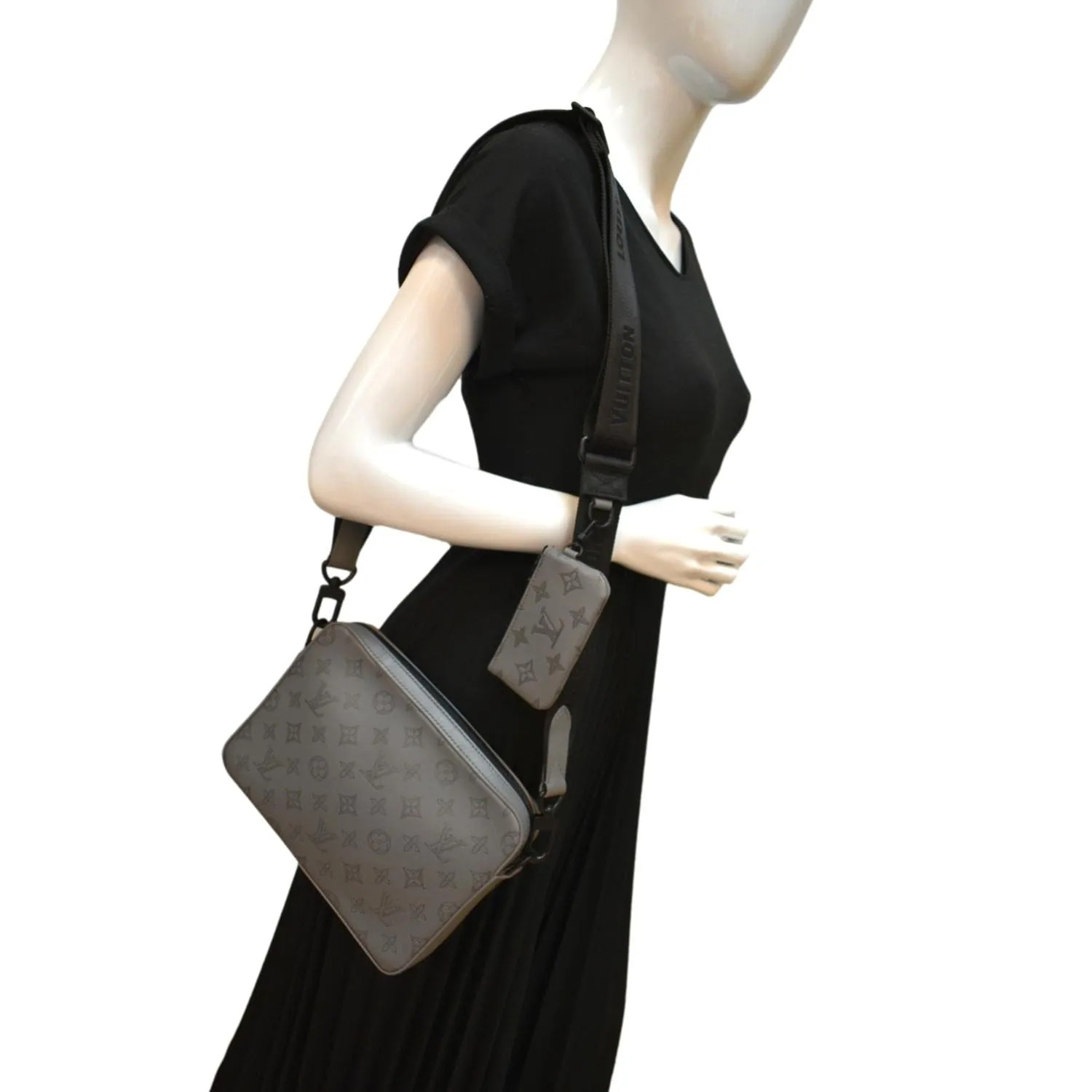 LOUIS VUITTON Duo Messenger Monogram Shadow Leather Shoulder Bag Grey
