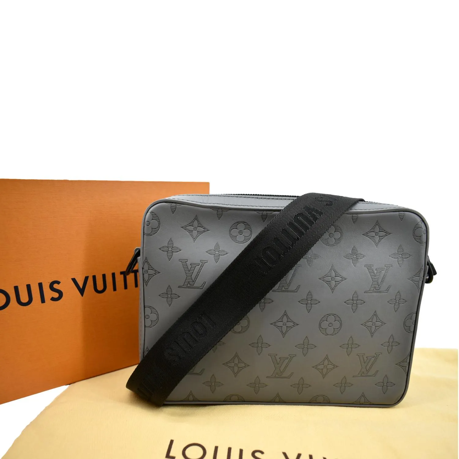 LOUIS VUITTON Duo Messenger Monogram Shadow Leather Shoulder Bag Grey