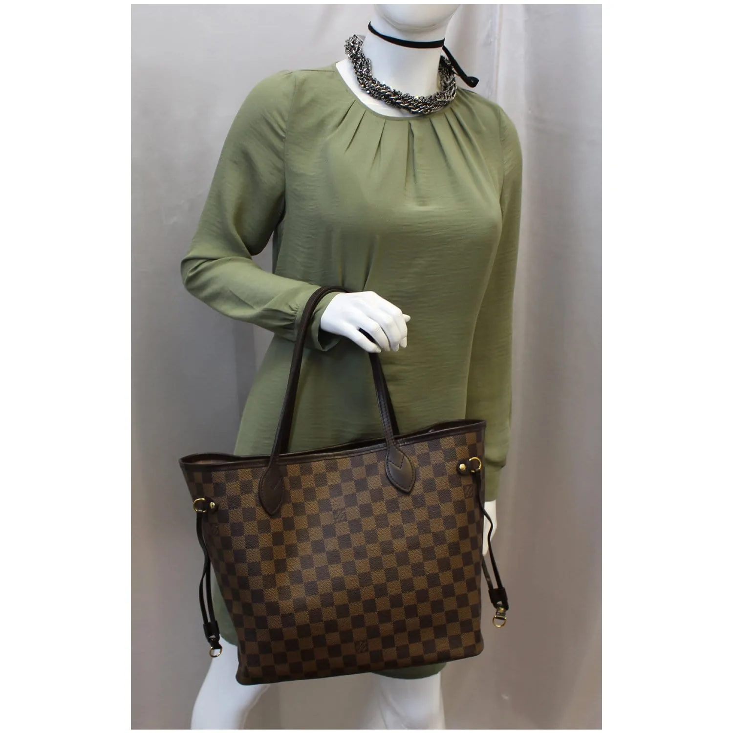 LOUIS VUITTON Neverfull MM Damier Ebene Tote Shoulder Bag Brown