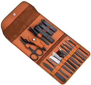 Manicure Set Personal Care ，Pedicure Kit, Nail Clippers, 16 Pieces Stainless Steel ,Professional Grooming Kits with Portable Brown Leather Travel Case