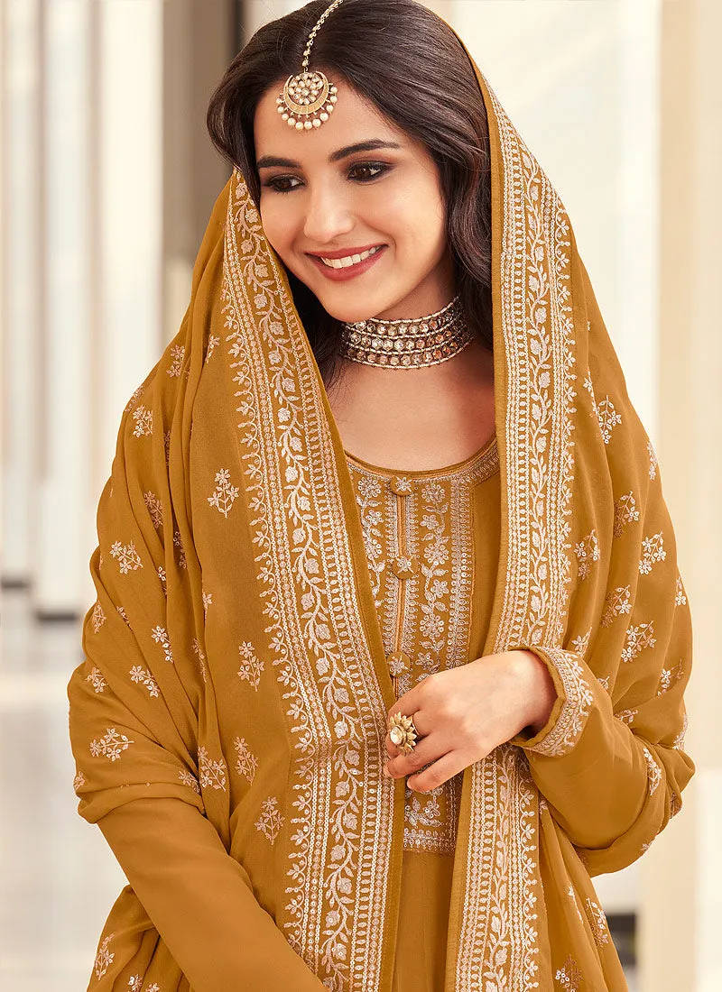 Mustard Embroidered Designer Anarkali Suit