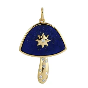 Natural Lapis Pave Diamond Mushroom Charm 14k Yellow Gold Pendant