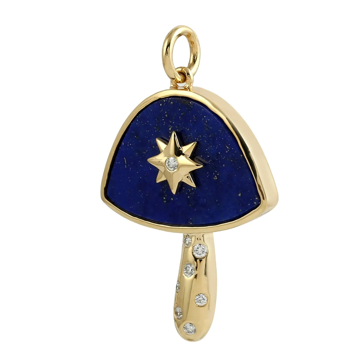 Natural Lapis Pave Diamond Mushroom Charm 14k Yellow Gold Pendant